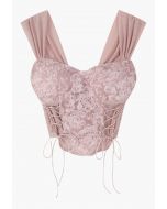 3D Flower Lace-Up Bustier Crop Top in Pink