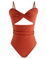 Twisted Front Cutout Swimsuit in Rust Red