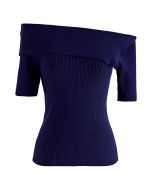 Folded Off-Shoulder Short-Sleeve Knit Top in Navy