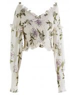 Ruffle Cross Off-Shoulder Floral Crop Top in White