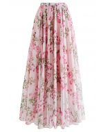 Pink Flower Bud Printed Chiffon Maxi Skirt