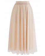 Metallic Thread Diamond-Shape Mesh Tulle Skirt in Tan