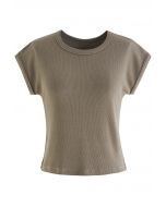 Elegant Crew Neck Cotton Crop Top in Taupe