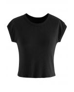 Elegant Crew Neck Cotton Crop Top in Black