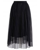 Contrast Lines Pleated Mesh Tulle Midi Skirt in Black