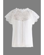 Scallop Lace Panelled Chiffon Top in White