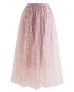 Iridescent Hearts Mesh Tulle Midi Skirt in Pink