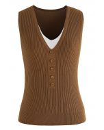 Fake Two-Piece Buttoned Ribbed Knit Top in Caramel