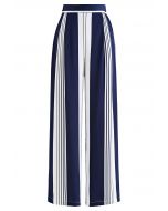 Contrast Stripe Straight-Leg Satin Pants in Navy