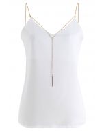 Golden Chain Embellished Satin Cami Top in White
