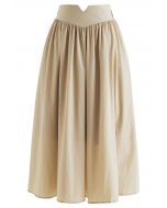 Notched Waist Flare Midi Skirt in Light Tan