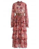 Paisley Printed Belted Tiered Chiffon Dress in Red