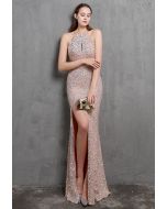 Halter Neck Cutout Sequined Slit Mermaid Gown in Pink