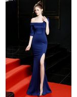 One Side Off-Shoulder Satin Gown in Navy