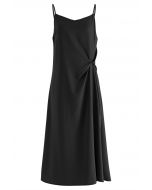 Sweetheart Neck Side Twisted Satin Cami Dress in Black