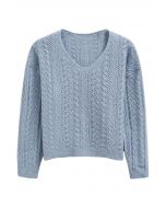 V-Neck Pointelle Knit Sweater in Dusty Blue