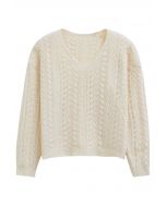 V-Neck Pointelle Knit Sweater in Cream