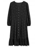 Button Down Full Floral Lace Frilling Dress in Black