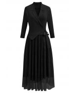 Collared V-Neck Knit Spliced Tulle Dress in Black