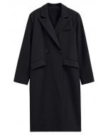 Trendy Double-Breasted Belted Longline Coat in Black