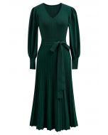 Captivating V-Neck Tie Waist Pleated Knit Dress in Dark Green