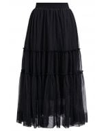 Ruffles Adorned Mesh Tulle Midi Skirt in Black