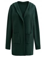 Patch Pockets Open Front Hooded Cardigan in Dark Green