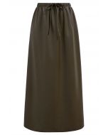Drawstring Waist Faux Leather Maxi Skirt in Olive