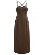 Faux Leather Spaghetti Cami Dress in Brown