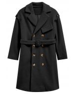 Buttoned Shoulder Double-Breasted Belted Longline Coat in Black