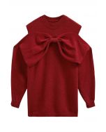 Bowknot Cold-Shoulder Knit Sweater in Red