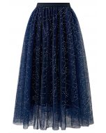 Sequined Embroidery Double-Layered Mesh Tulle Midi Skirt in Navy