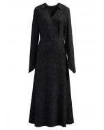 Collared Surplice Neckline Wavy Texture Dress in Black