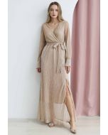 Radiant Sequin Faux-Wrap Split Maxi Gown in Champagne