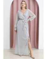 Radiant Sequin Faux-Wrap Split Maxi Gown in Silver
