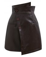 Faux Leather Asymmetric Buttoned Flap Mini Skirt in Brown