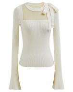 Mesh Inserted Side Bowknot Fitted Knit Top in Cream