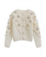 Sequined Flower Pom-Pom Knit Cardigan