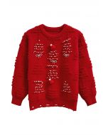 Pearl Christmas Tree Embossed Bowknot Knit Sweater in Red