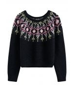 Newleaf Pattern Fuzzy Knit Sweater in Black