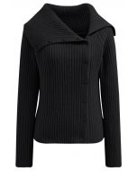 Flap Collar Side Button Down Ribbed Knit Top in Black