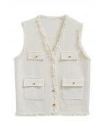 Fringed Edge Buttoned Flap Pocket Knit Vest in Cream