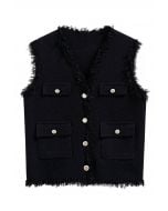 Fringed Edge Buttoned Flap Pocket Knit Vest in Black