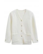 Collarless V-Neck Patch Pockets Coat in Cream