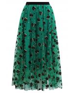 Glitter Velvet Rose Mesh Tulle Midi Skirt in Green