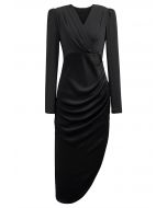 Velvet Spliced Asymmetric Hem Satin Dress in Black