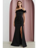 Feather Trim One-Shoulder Slit Mermaid Gown in Black