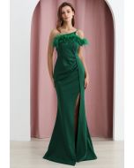 Feather Trim One-Shoulder Slit Mermaid Gown in Dark Green