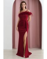 Feather Trim One-Shoulder Slit Mermaid Gown in Red