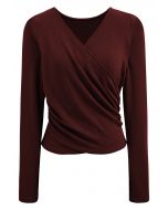 Cross V-Neck Long Sleeves Top in Burgundy